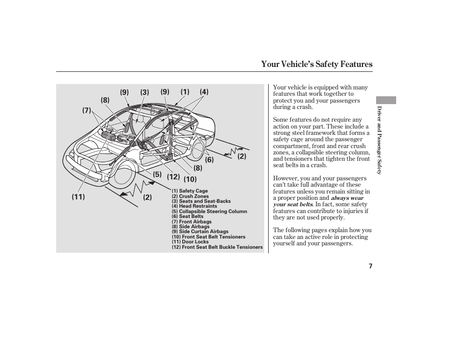 Your vehicle’s safety features | HONDA 2008 honda civic User Manual | Page 13 / 326