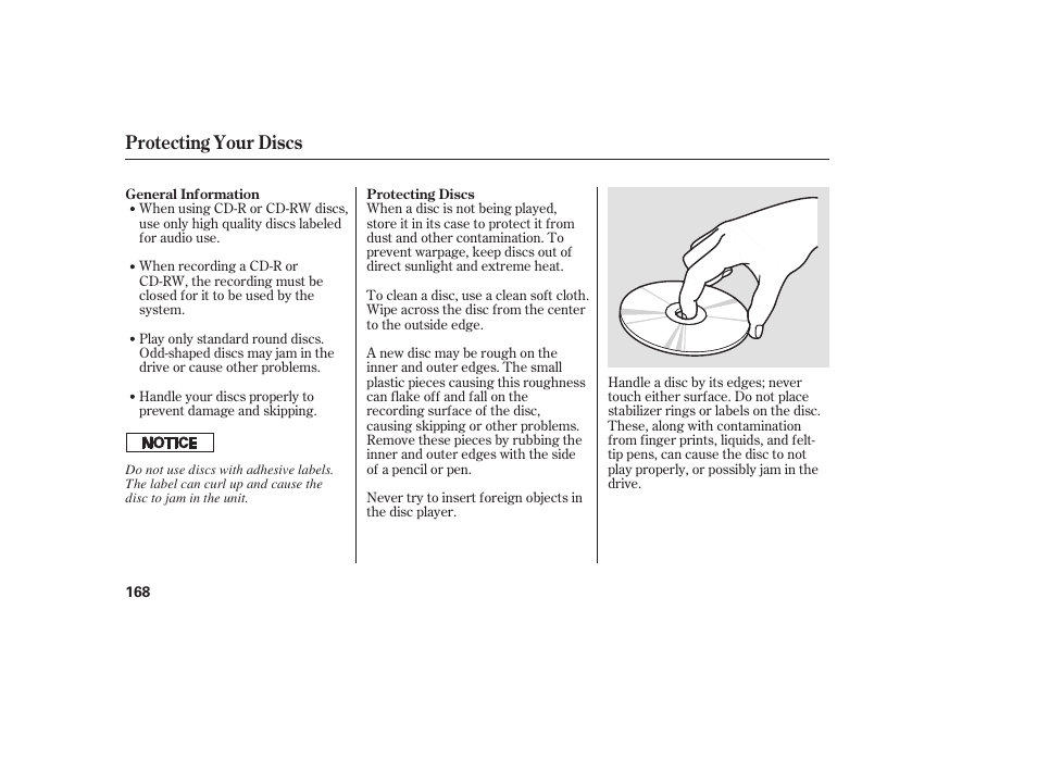 Protecting your discs | HONDA 2008 honda civic User Manual | Page 174 / 326