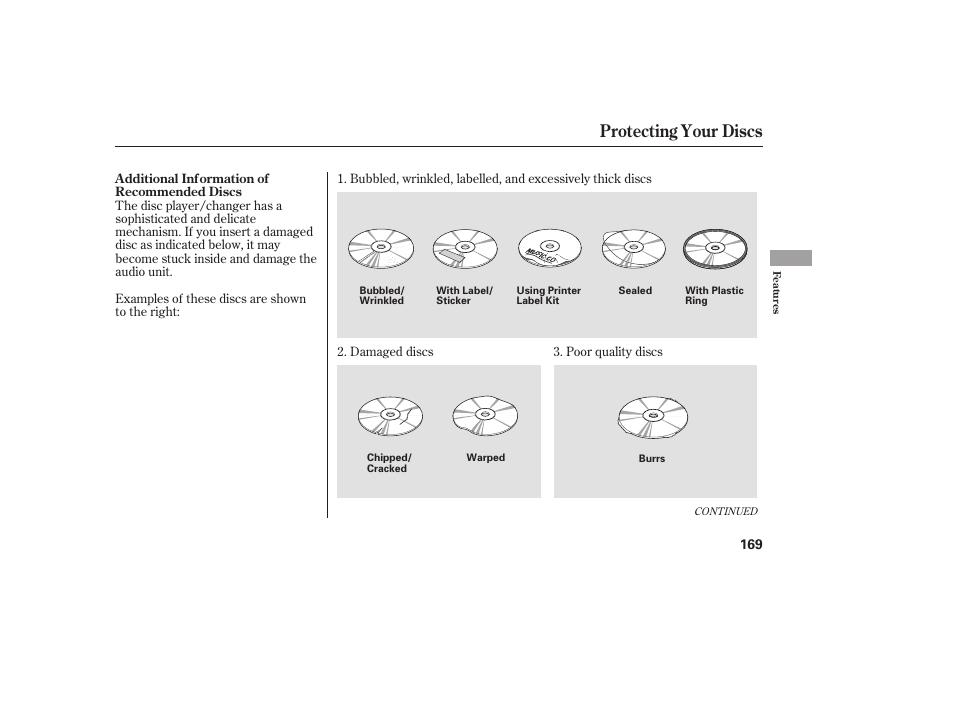 Protecting your discs | HONDA 2008 honda civic User Manual | Page 175 / 326