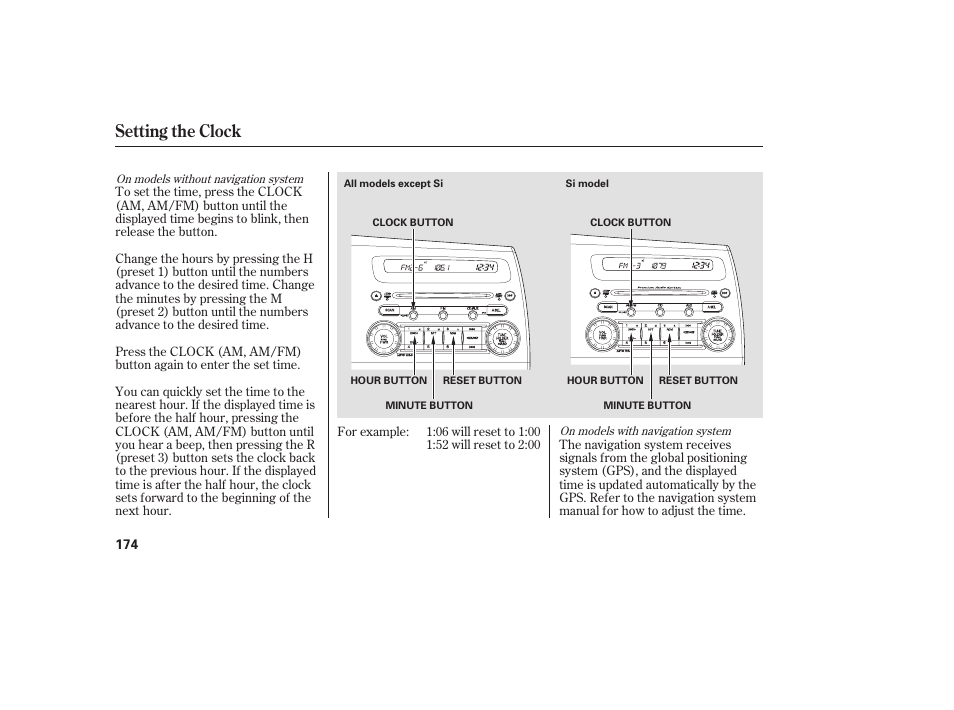 Setting the clock | HONDA 2008 honda civic User Manual | Page 180 / 326