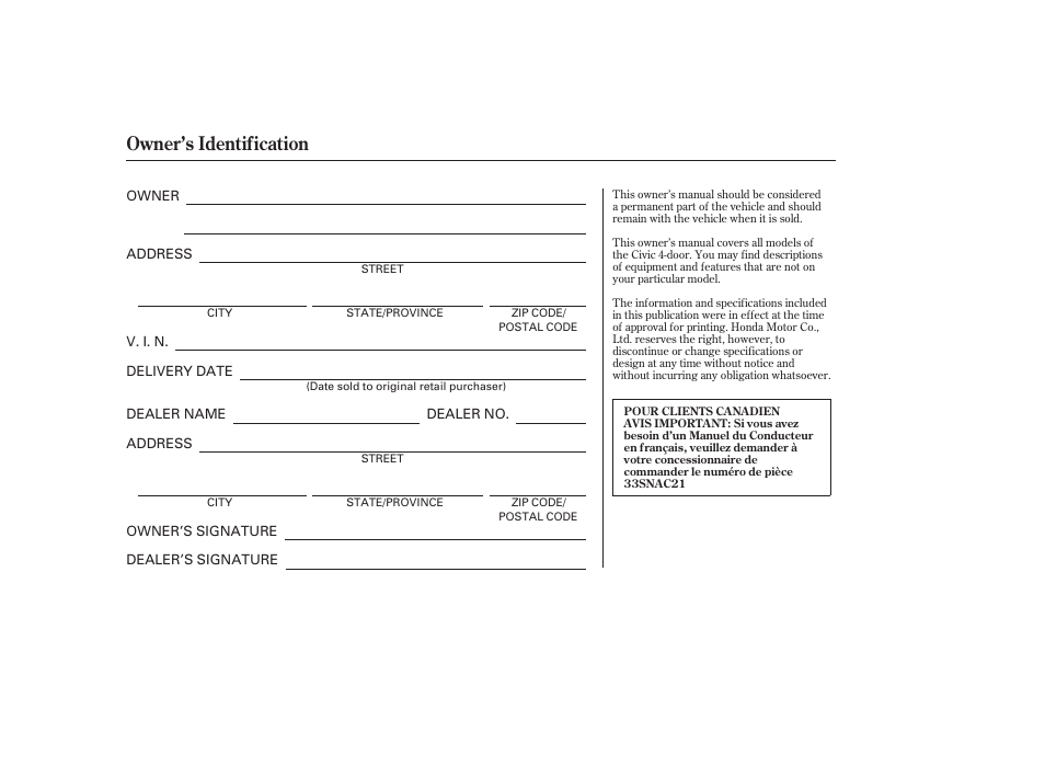 Owner’s identification | HONDA 2008 honda civic User Manual | Page 2 / 326