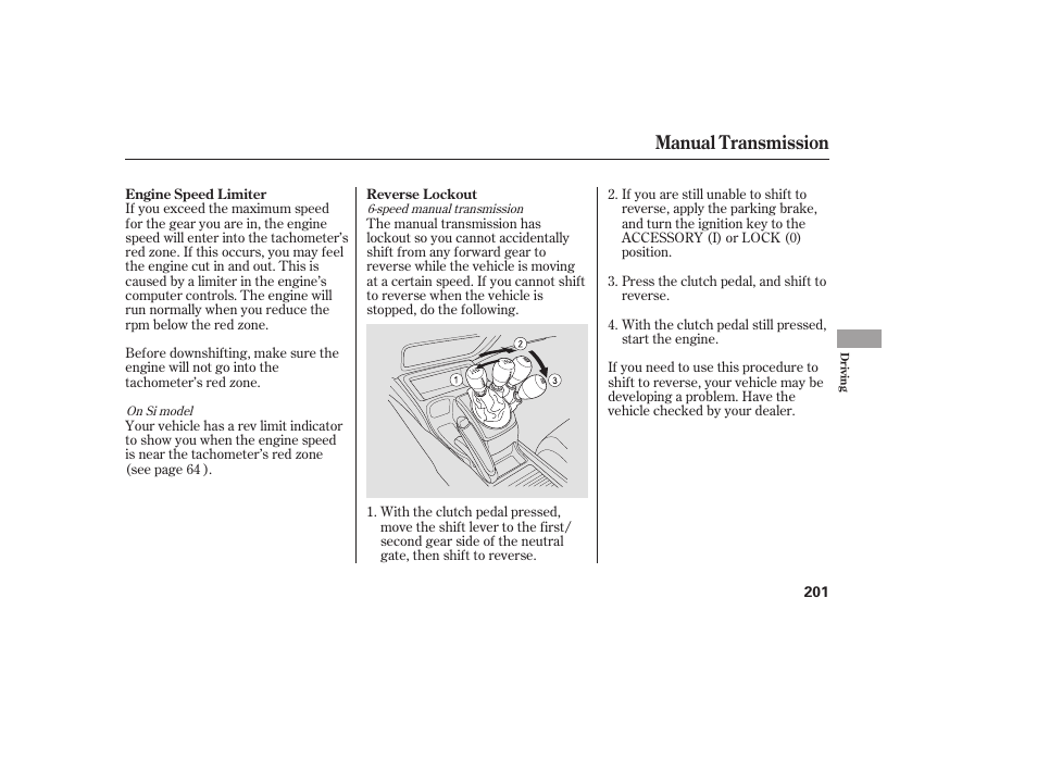 Manual transmission | HONDA 2008 honda civic User Manual | Page 207 / 326