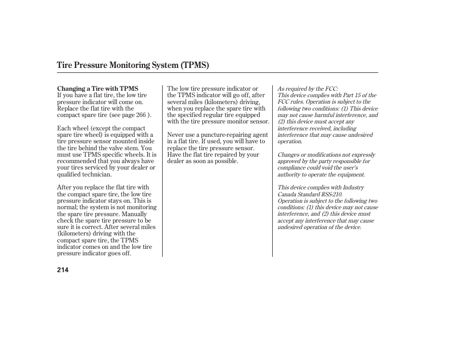 Tire pressure monitoring system (tpms) | HONDA 2008 honda civic User Manual | Page 220 / 326