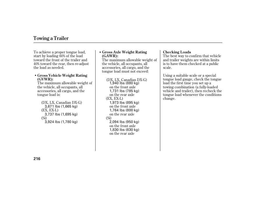 Towing a trailer | HONDA 2008 honda civic User Manual | Page 222 / 326