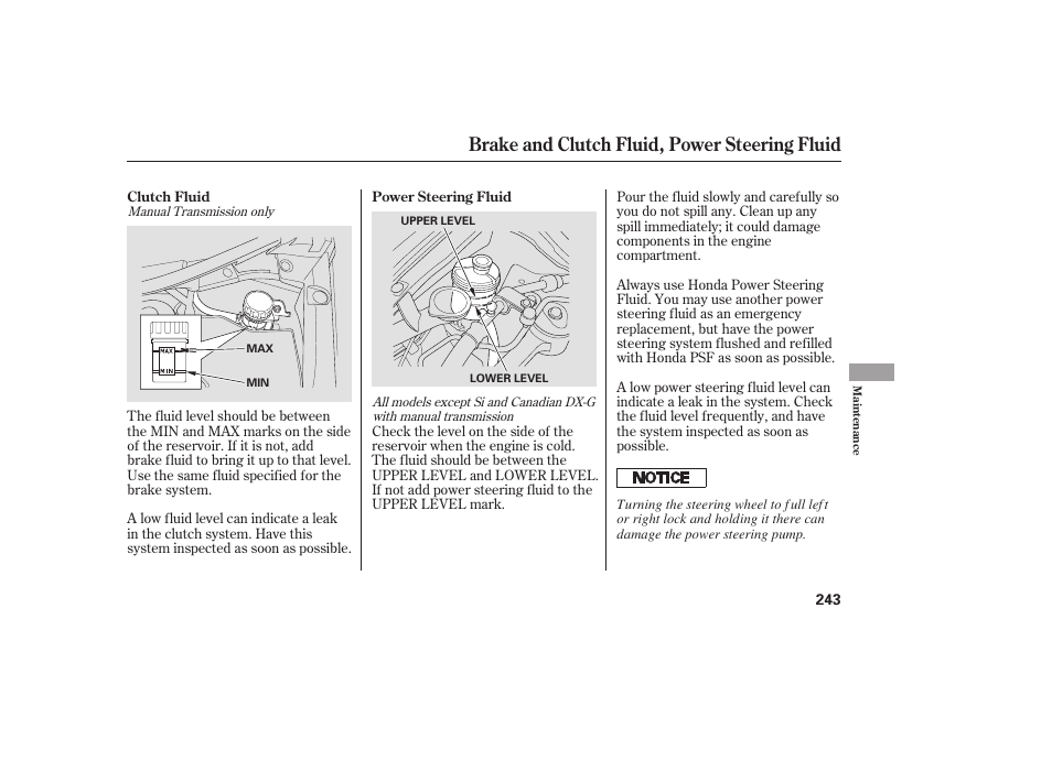 Brake and clutch fluid, power steering fluid | HONDA 2008 honda civic User Manual | Page 249 / 326