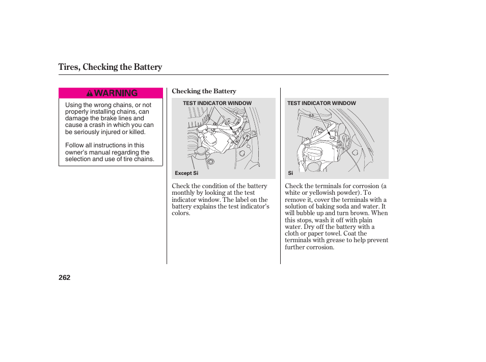 Tires, checking the battery | HONDA 2008 honda civic User Manual | Page 268 / 326