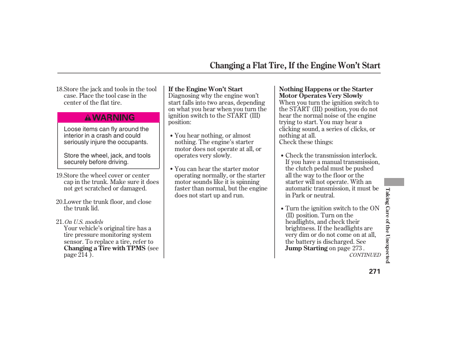 Changing a flat tire, if the engine won’t start | HONDA 2008 honda civic User Manual | Page 277 / 326