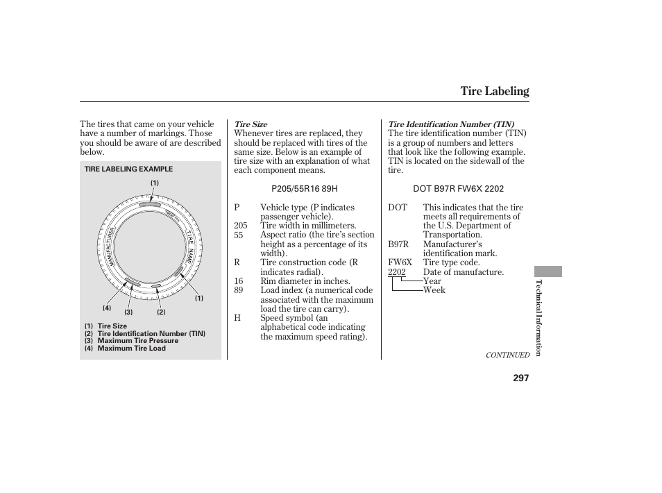 Tire labeling | HONDA 2008 honda civic User Manual | Page 303 / 326