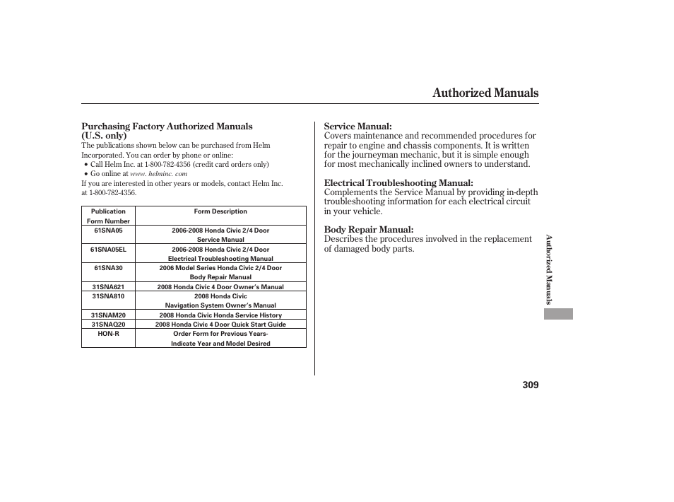 Authorized manuals | HONDA 2008 honda civic User Manual | Page 315 / 326