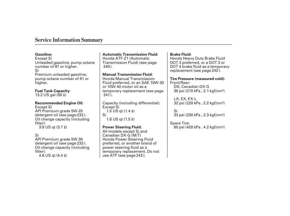 Service information summary | HONDA 2008 honda civic User Manual | Page 326 / 326