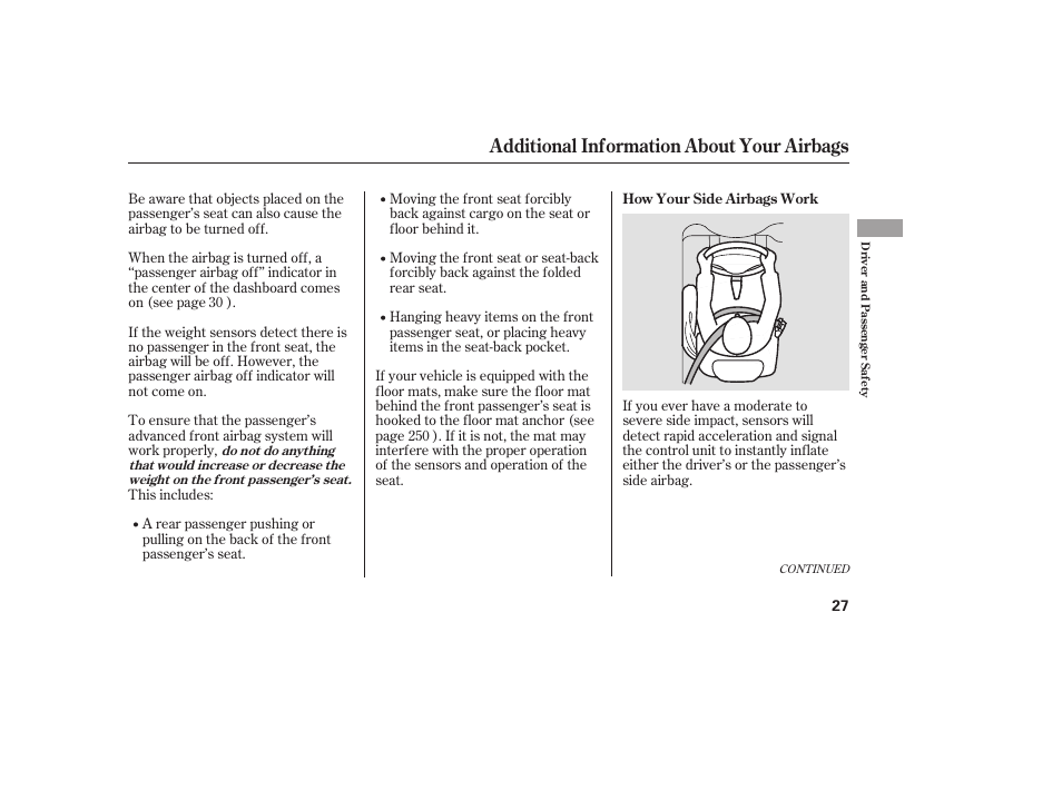 Additional information about your airbags | HONDA 2008 honda civic User Manual | Page 33 / 326