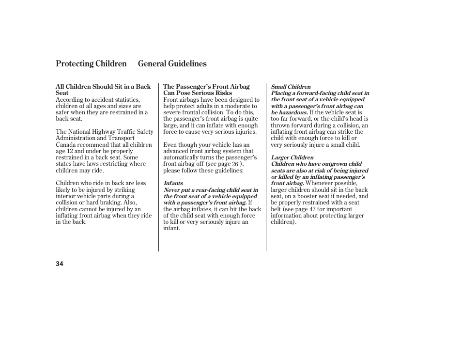 Protecting children general guidelines | HONDA 2008 honda civic User Manual | Page 40 / 326