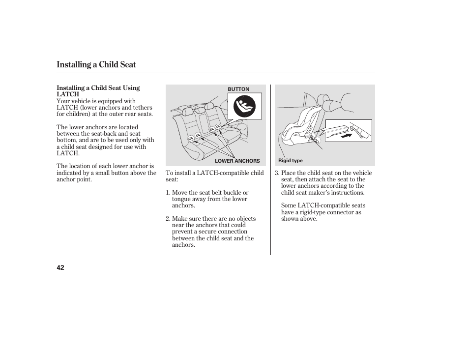 Installing a child seat | HONDA 2008 honda civic User Manual | Page 48 / 326