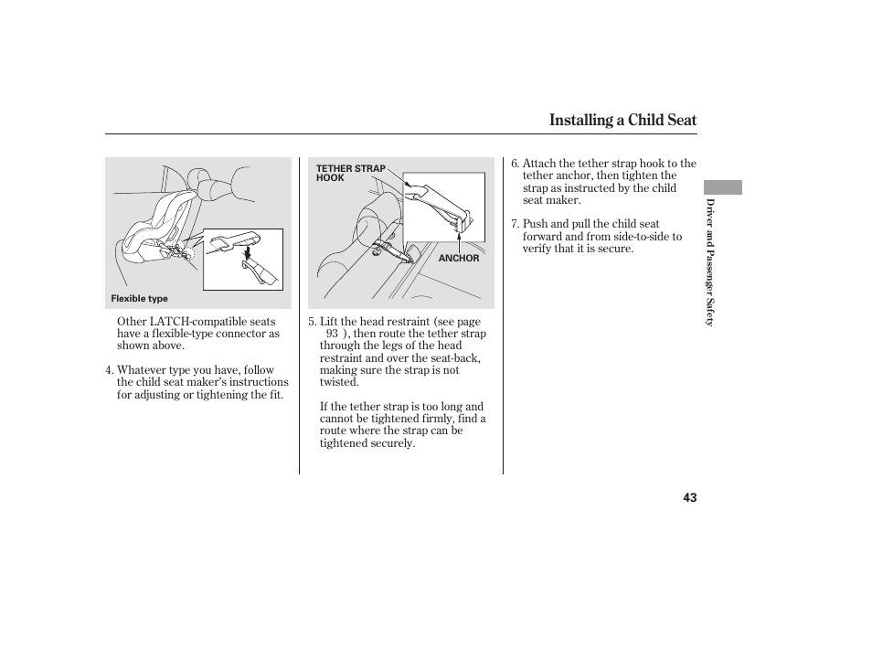 Installing a child seat | HONDA 2008 honda civic User Manual | Page 49 / 326