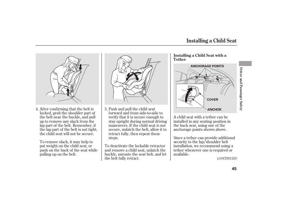 Installing a child seat | HONDA 2008 honda civic User Manual | Page 51 / 326