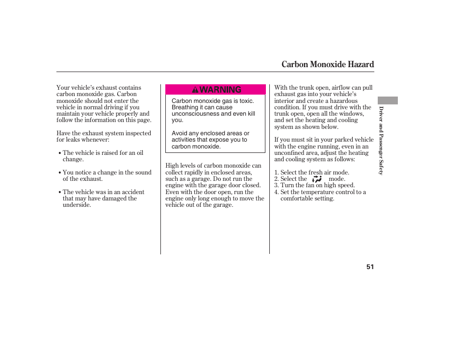 Carbon monoxide hazard | HONDA 2008 honda civic User Manual | Page 57 / 326