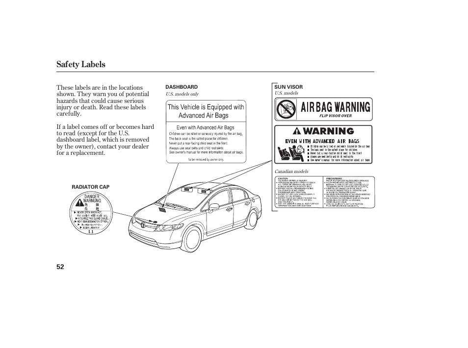 Safety labels | HONDA 2008 honda civic User Manual | Page 58 / 326