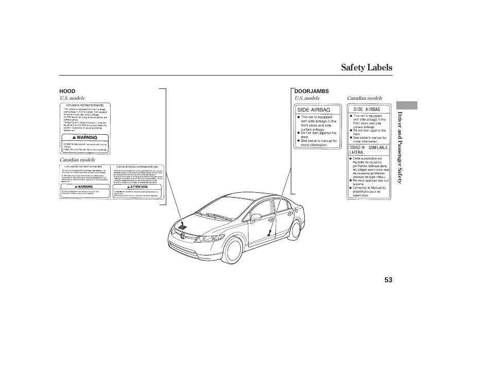 Safety labels | HONDA 2008 honda civic User Manual | Page 59 / 326