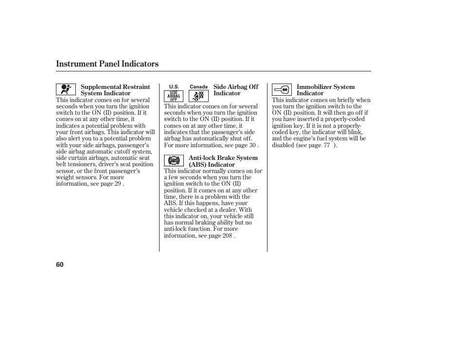 Instrument panel indicators | HONDA 2008 honda civic User Manual | Page 66 / 326