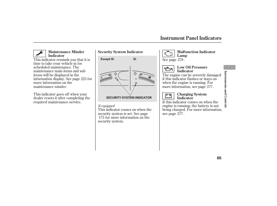 Instrument panel indicators | HONDA 2008 honda civic User Manual | Page 71 / 326