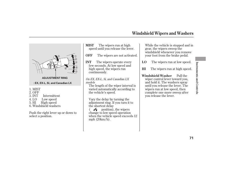 Windshield wipers and washers | HONDA 2008 honda civic User Manual | Page 77 / 326