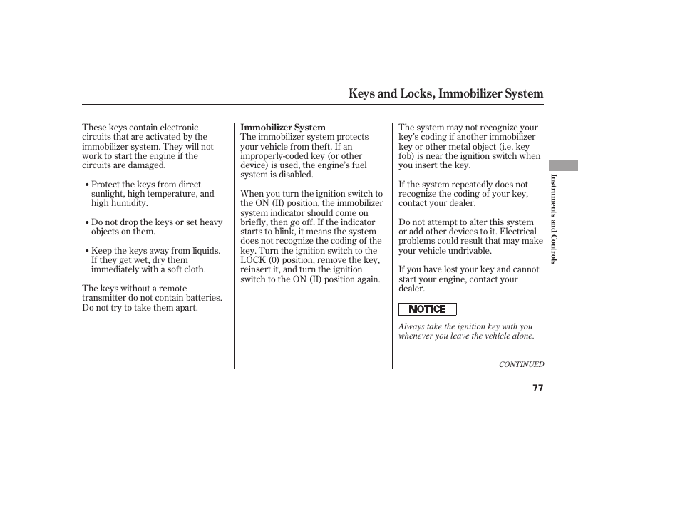 Keys and locks, immobilizer system | HONDA 2008 honda civic User Manual | Page 83 / 326