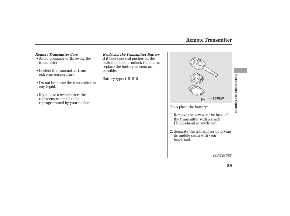 Remote transmitter | HONDA 2008 honda civic User Manual | Page 95 / 326