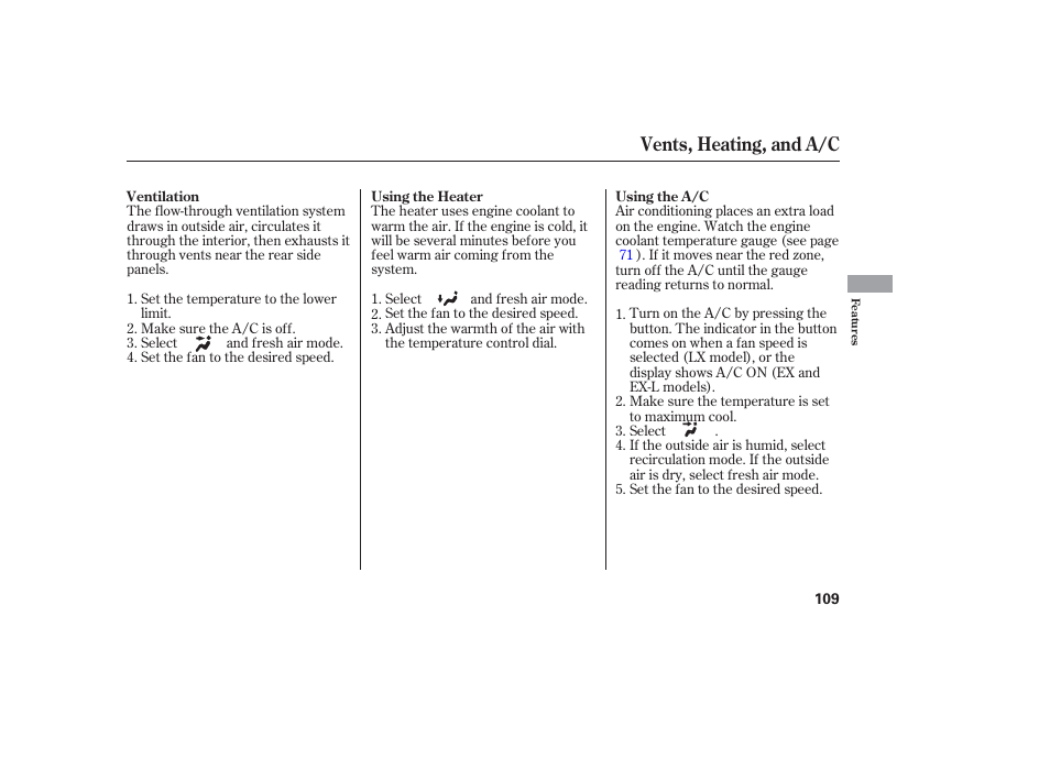 Vents, heating, and a/c | HONDA 2006 honda pilot User Manual | Page 111 / 316