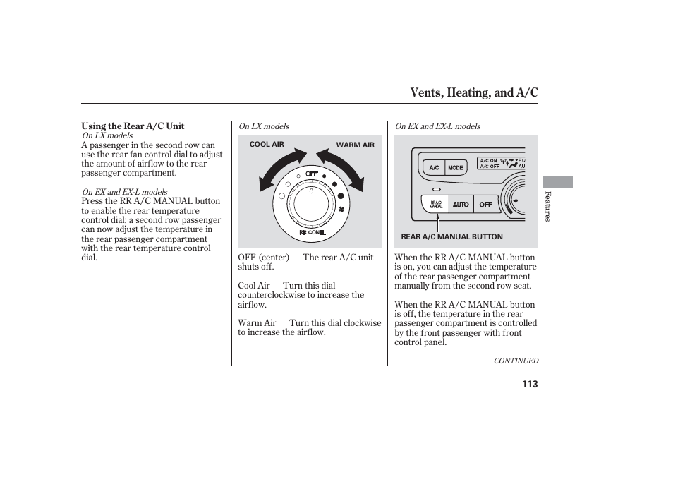 Vents, heating, and a/c | HONDA 2006 honda pilot User Manual | Page 115 / 316