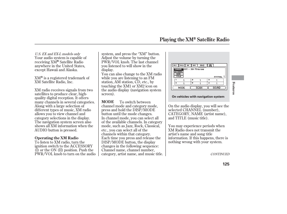 Playing the xm satellite radio | HONDA 2006 honda pilot User Manual | Page 127 / 316