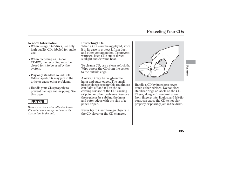 Protecting your cds | HONDA 2006 honda pilot User Manual | Page 137 / 316