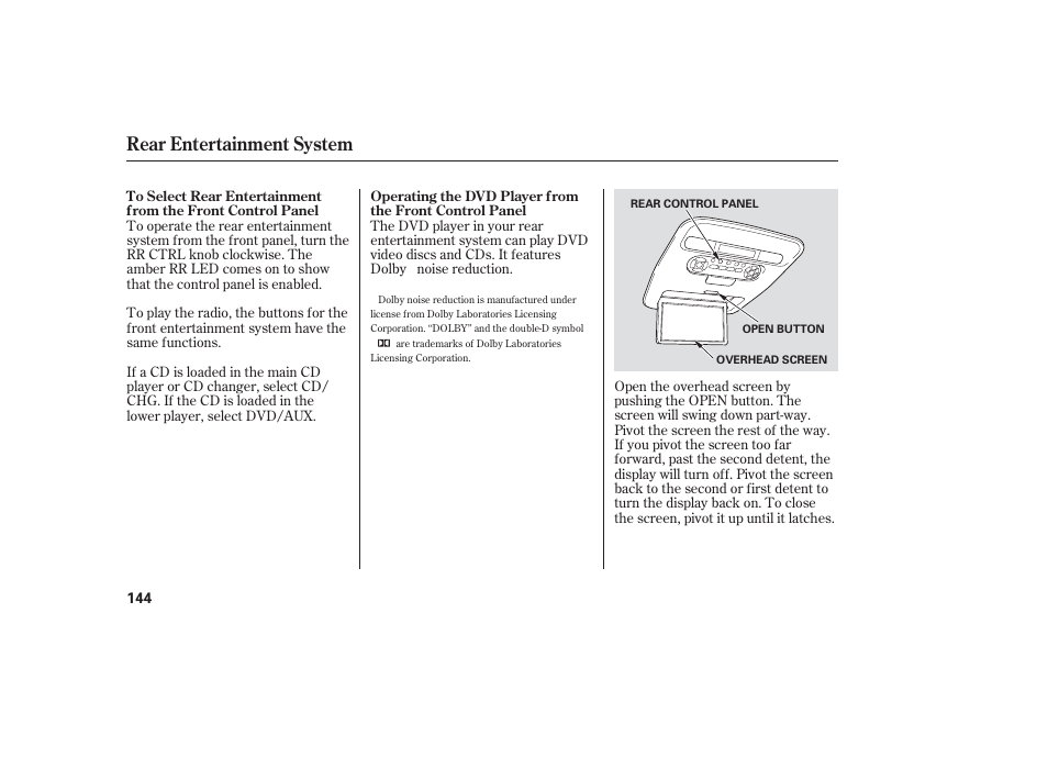 Rear entertainment system | HONDA 2006 honda pilot User Manual | Page 146 / 316