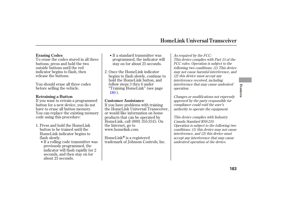 Homelink universal transceiver | HONDA 2006 honda pilot User Manual | Page 185 / 316