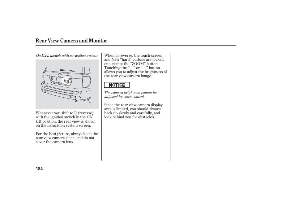 Rear view camera and monitor | HONDA 2006 honda pilot User Manual | Page 186 / 316