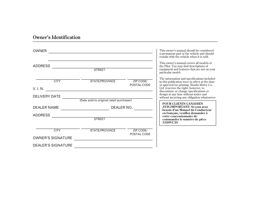 Owner's identification form, Owner’s identification | HONDA 2006 honda pilot User Manual | Page 2 / 316