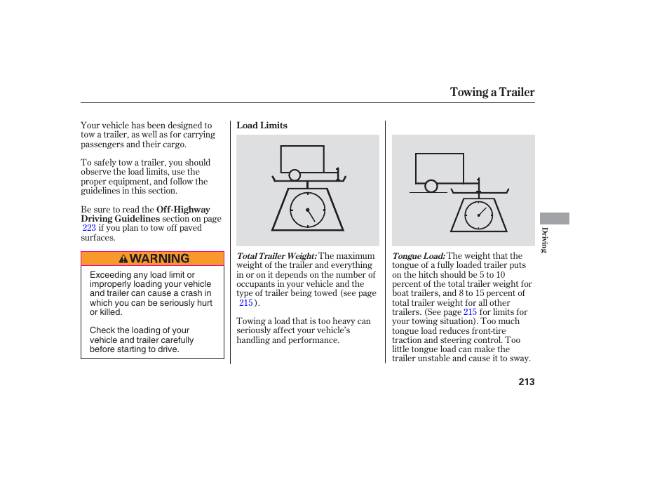 Towing a trailer | HONDA 2006 honda pilot User Manual | Page 215 / 316