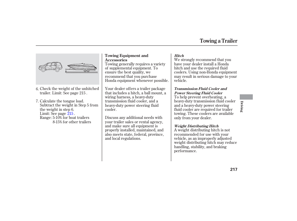 Towing a trailer | HONDA 2006 honda pilot User Manual | Page 219 / 316