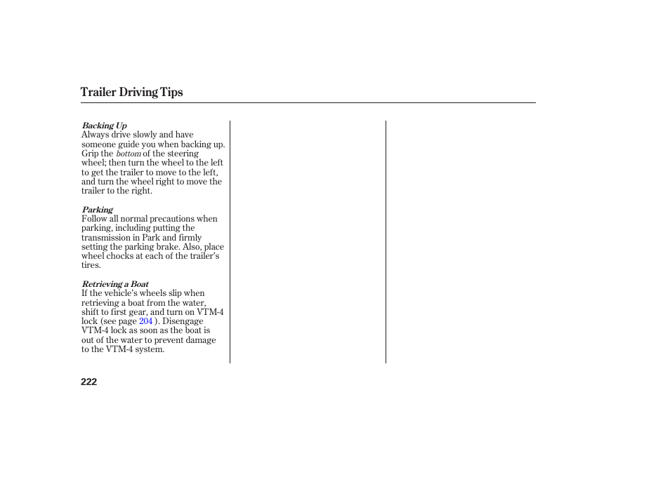 Trailer driving tips | HONDA 2006 honda pilot User Manual | Page 224 / 316