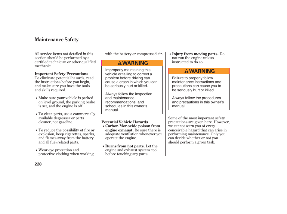 Maintenance safety | HONDA 2006 honda pilot User Manual | Page 230 / 316