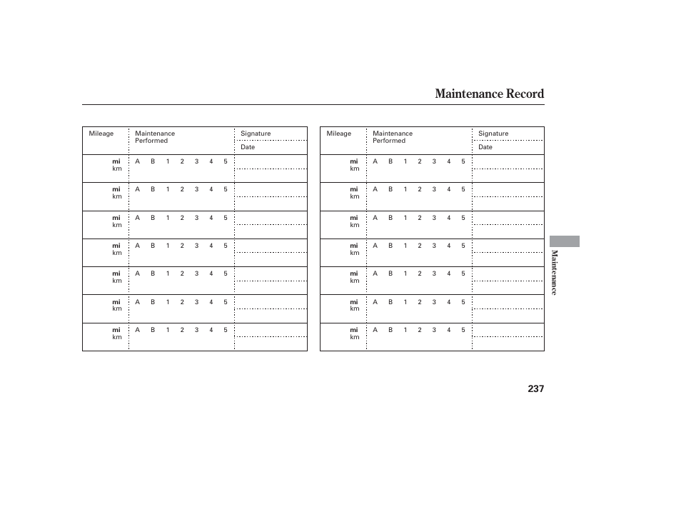 Maintenance record | HONDA 2006 honda pilot User Manual | Page 239 / 316