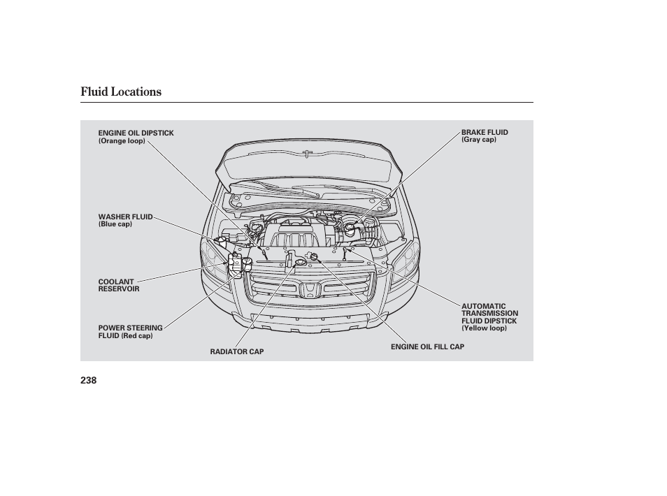 Fluid locations | HONDA 2006 honda pilot User Manual | Page 240 / 316