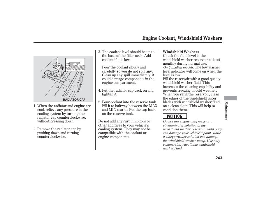 Engine coolant, windshield washers | HONDA 2006 honda pilot User Manual | Page 245 / 316