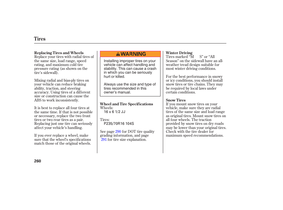 Tires | HONDA 2006 honda pilot User Manual | Page 262 / 316