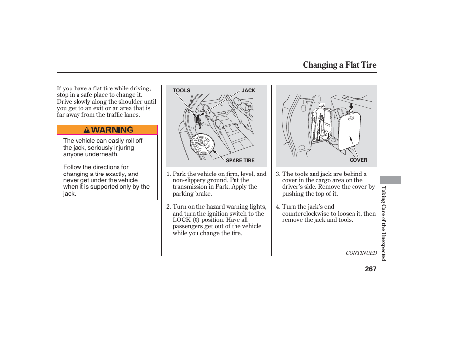 Changing a flat tire | HONDA 2006 honda pilot User Manual | Page 269 / 316