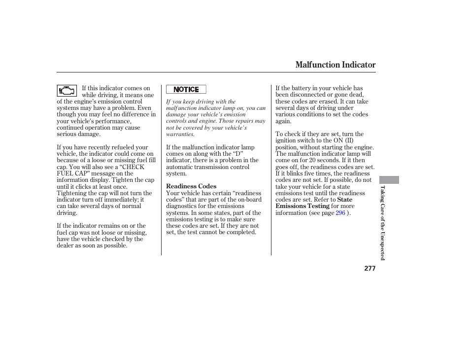 Malfunction indicator | HONDA 2006 honda pilot User Manual | Page 279 / 316