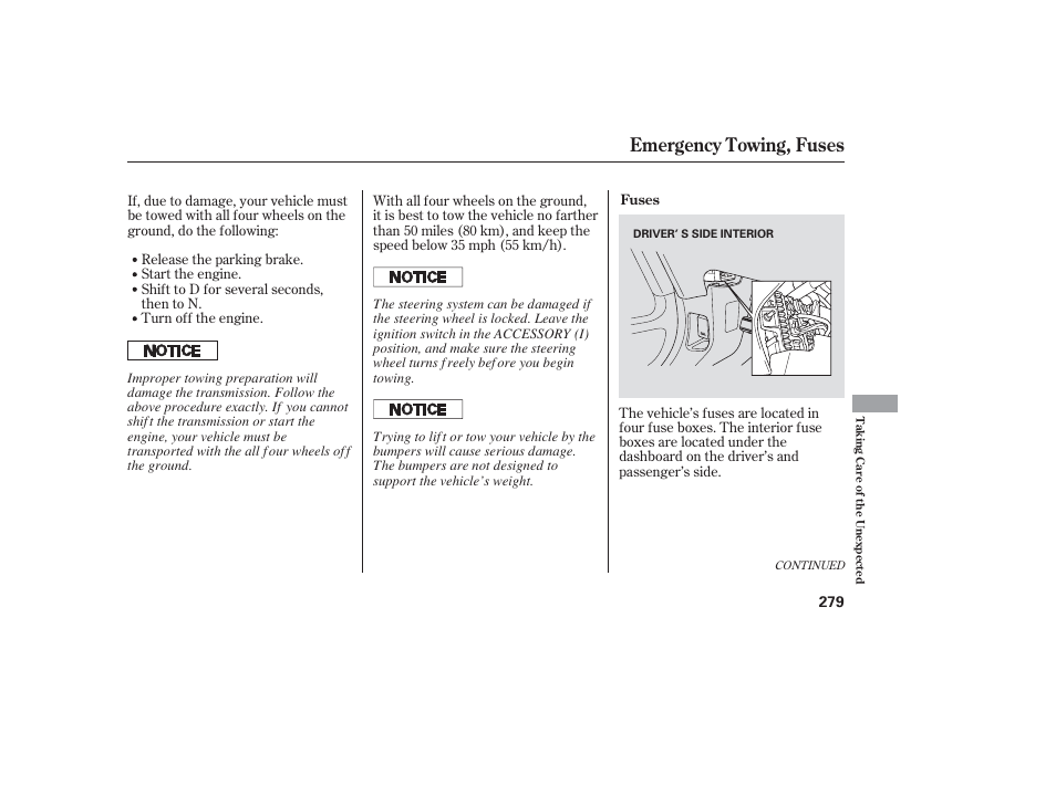 Emergency towing, fuses | HONDA 2006 honda pilot User Manual | Page 281 / 316