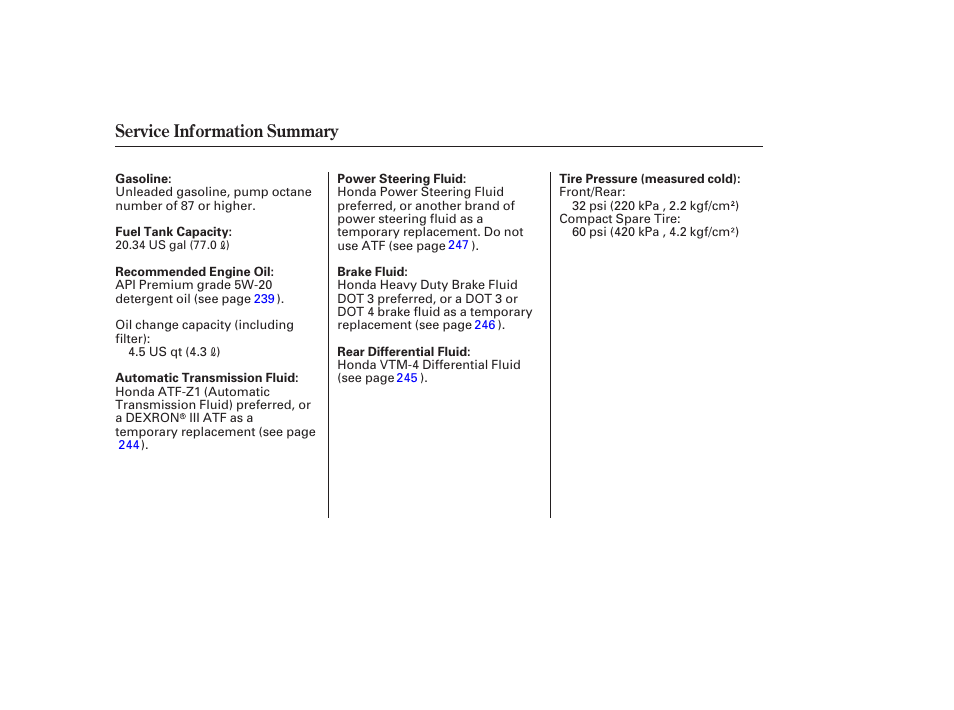 Service information summary | HONDA 2006 honda pilot User Manual | Page 316 / 316