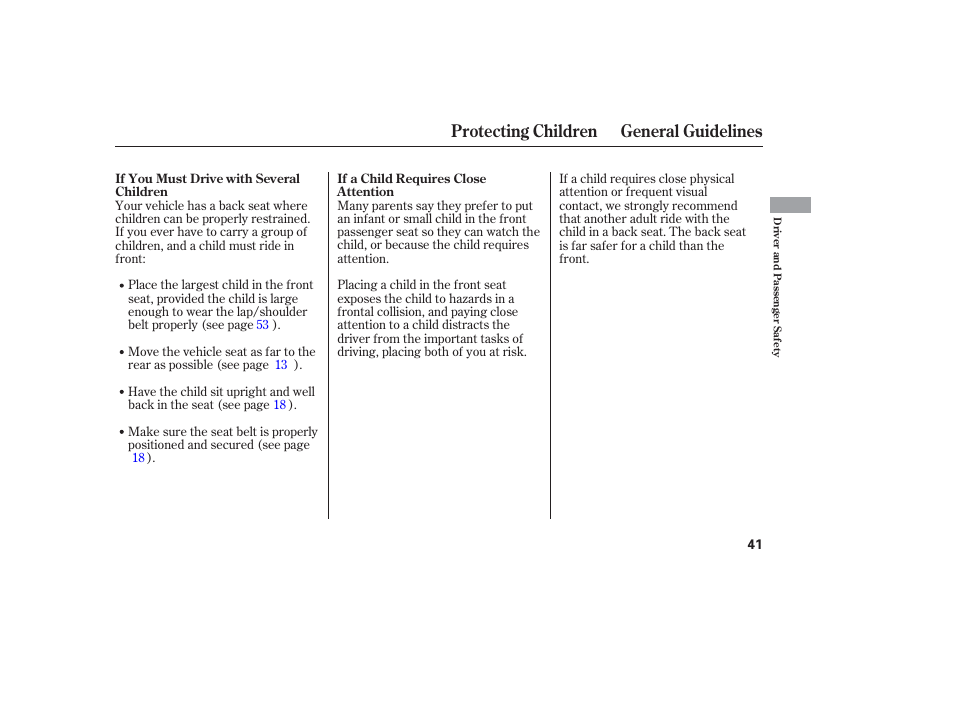 Protecting children general guidelines | HONDA 2006 honda pilot User Manual | Page 43 / 316