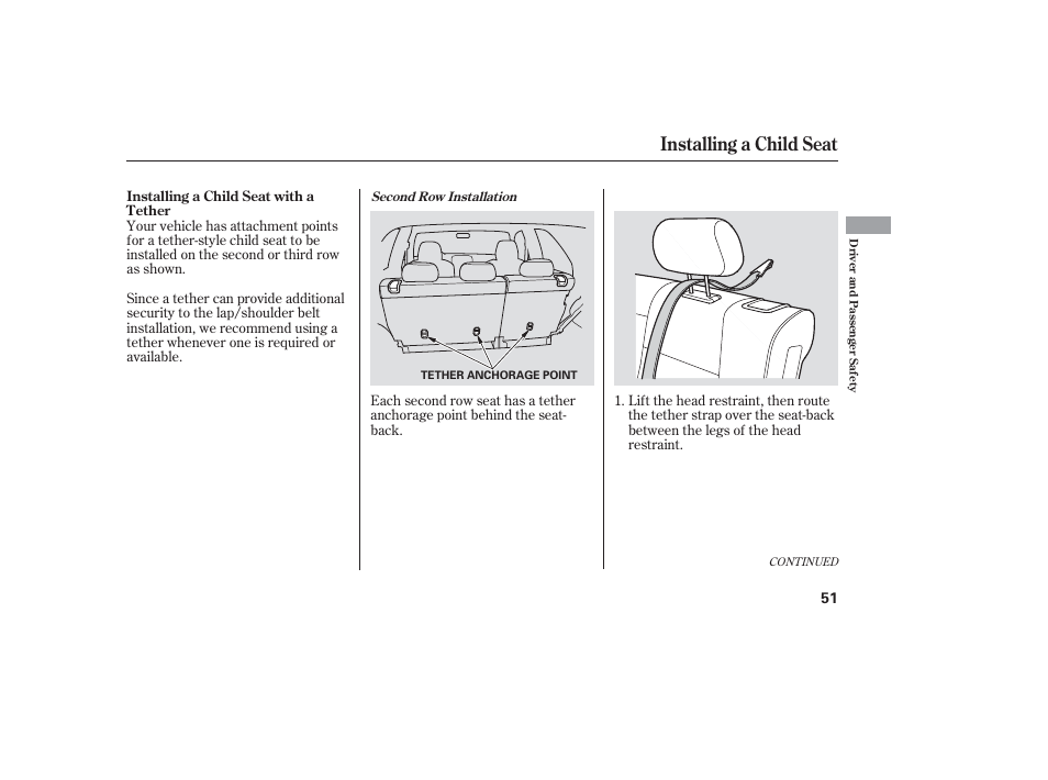 Installing a child seat | HONDA 2006 honda pilot User Manual | Page 53 / 316