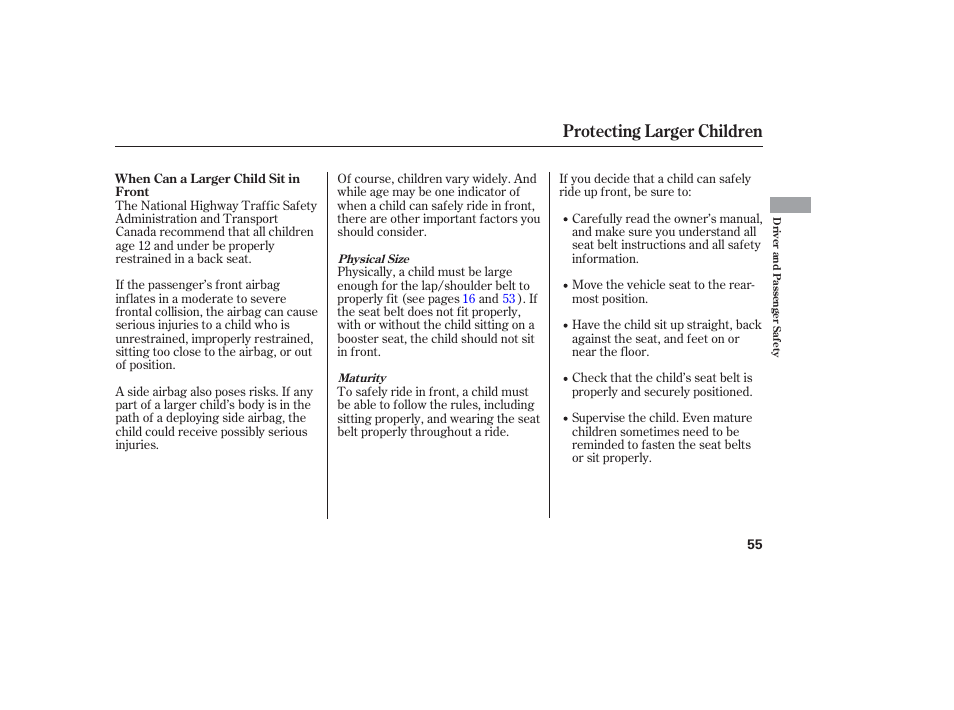 Protecting larger children | HONDA 2006 honda pilot User Manual | Page 57 / 316